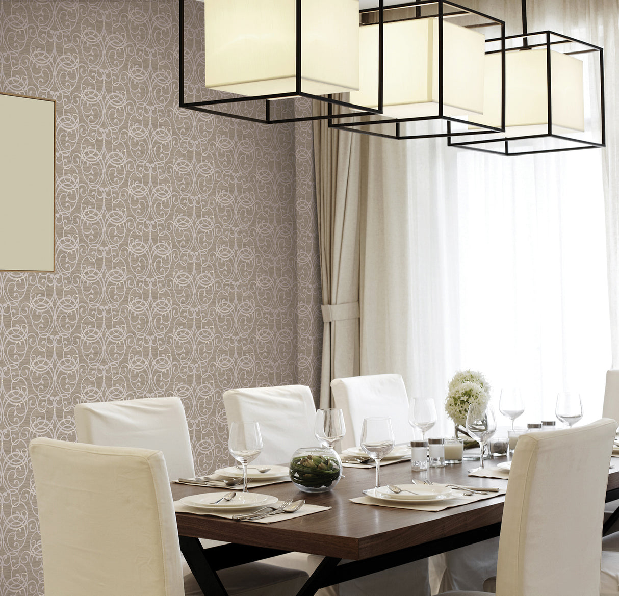 Seabrook Silverton Scroll Warm Bronze And Off-White Wallpaper
