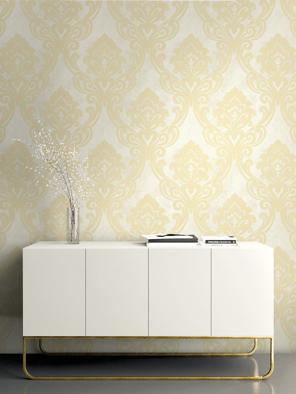 Seabrook Vogue Damask Metallic Gold And Off-White Wallpaper