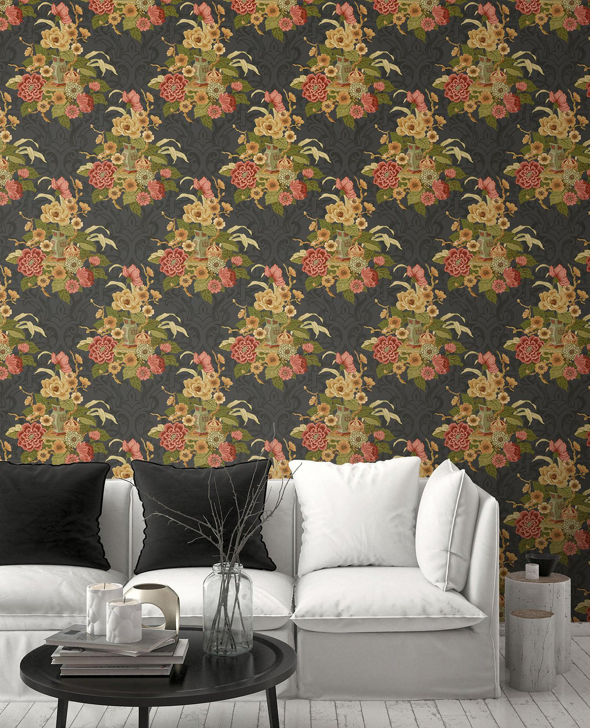 Seabrook Dynasty Floral Metallic Ebony Wallpaper