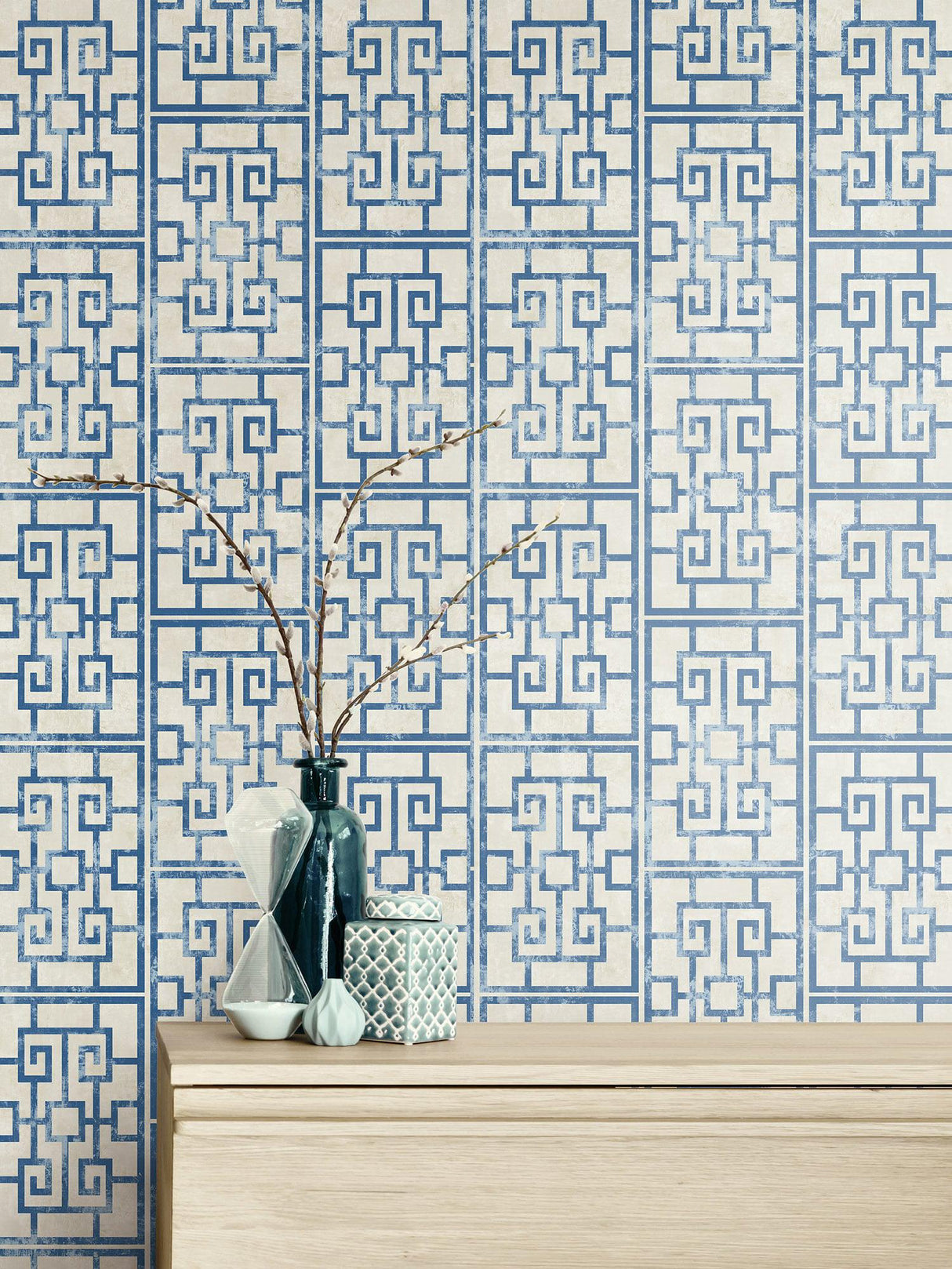 Seabrook Dynasty Lattice Metallic Pearl And Azure Blue Wallpaper
