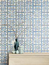 Seabrook Dynasty Lattice Metallic Pearl And Azure Blue Wallpaper
