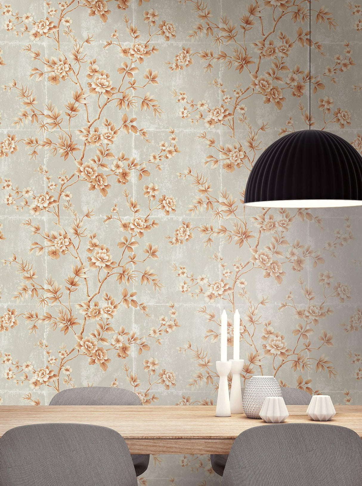 Seabrook Great Wall Floral Metallic Orange And Gray Wallpaper