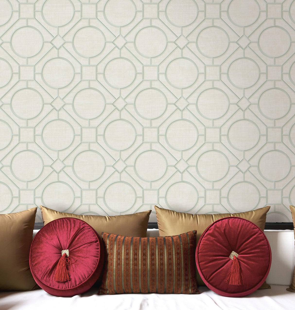 Seabrook Silk Road Trellis Metallic Mint And Off-White Wallpaper