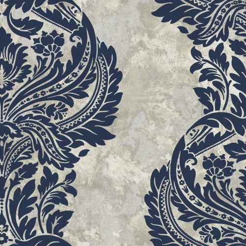 Seabrook Newton Damask Blue And Grey Damask Wallpaper