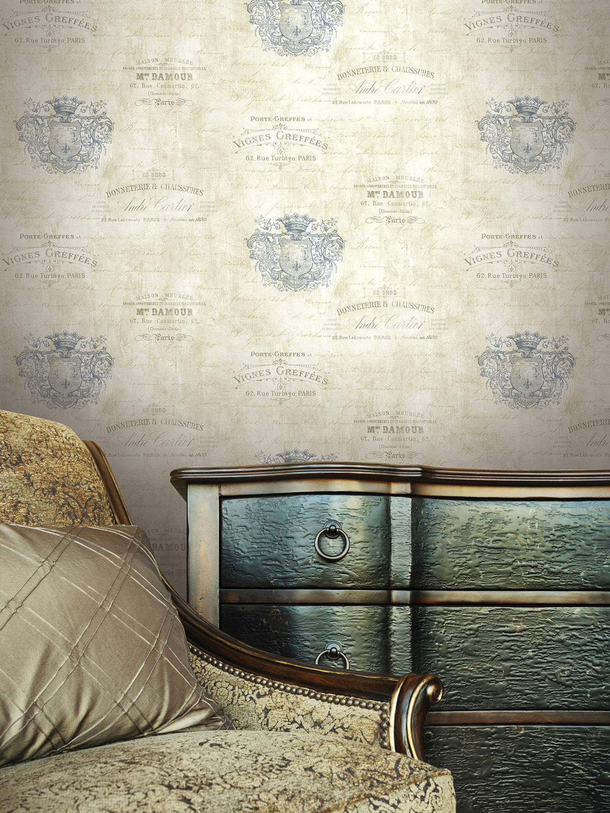 Seabrook Charleston Labels Touch Of Blue Wallpaper