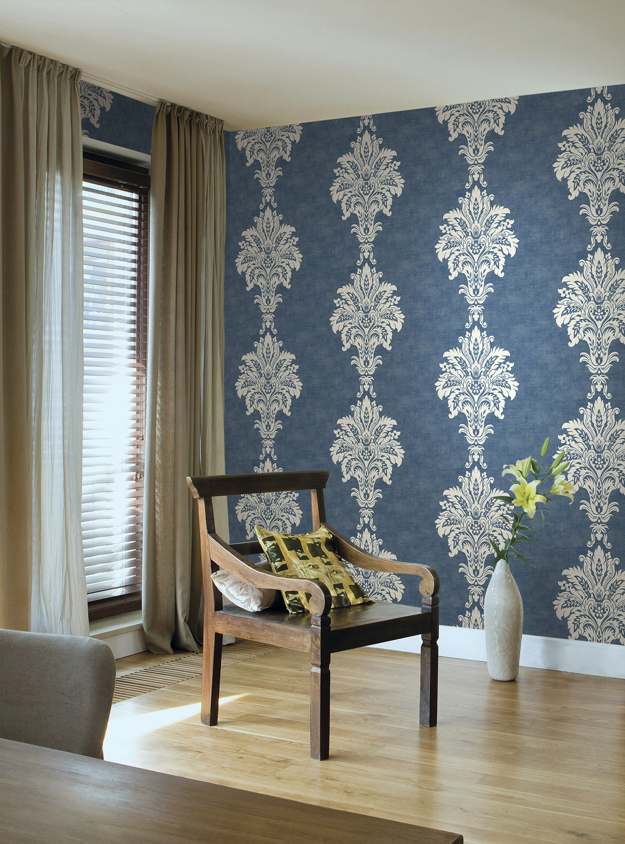 Seabrook Hollywood Damask Navy Wallpaper