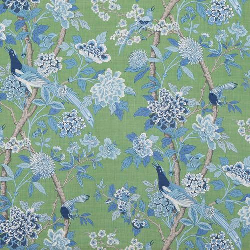 G P & J Baker HYDRANGEA BIRD (ARCHIVE) EMERALD/BLUE Fabric