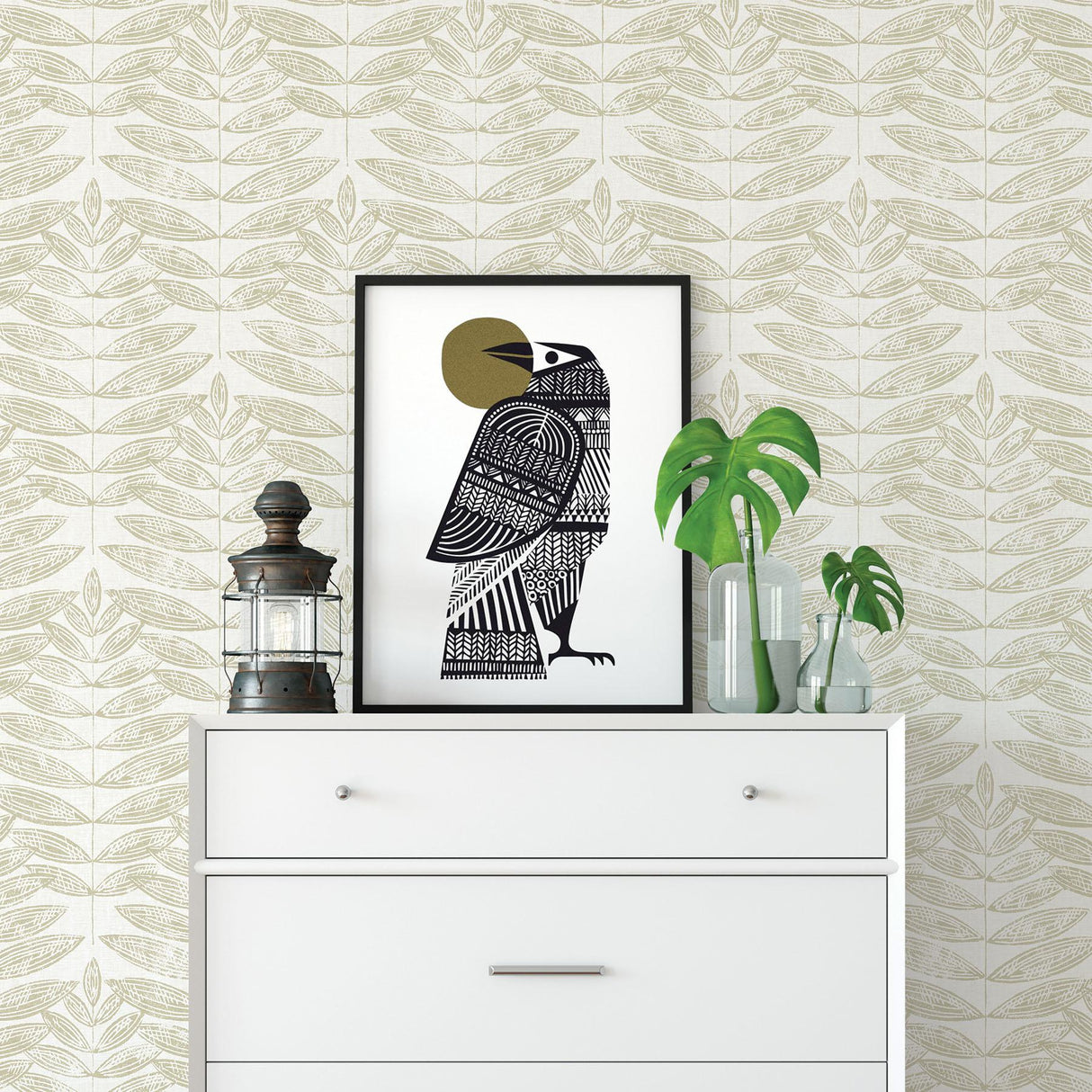 A-Street Prints Akira Beige Leaf Wallpaper