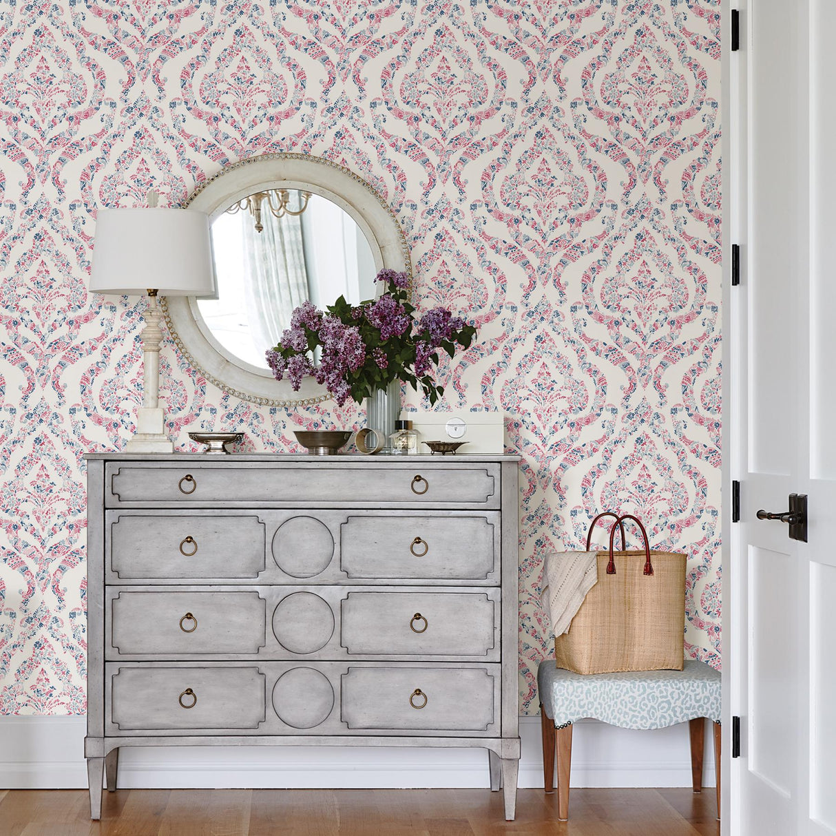 A-Street Prints Featherton Coral Floral Damask Wallpaper