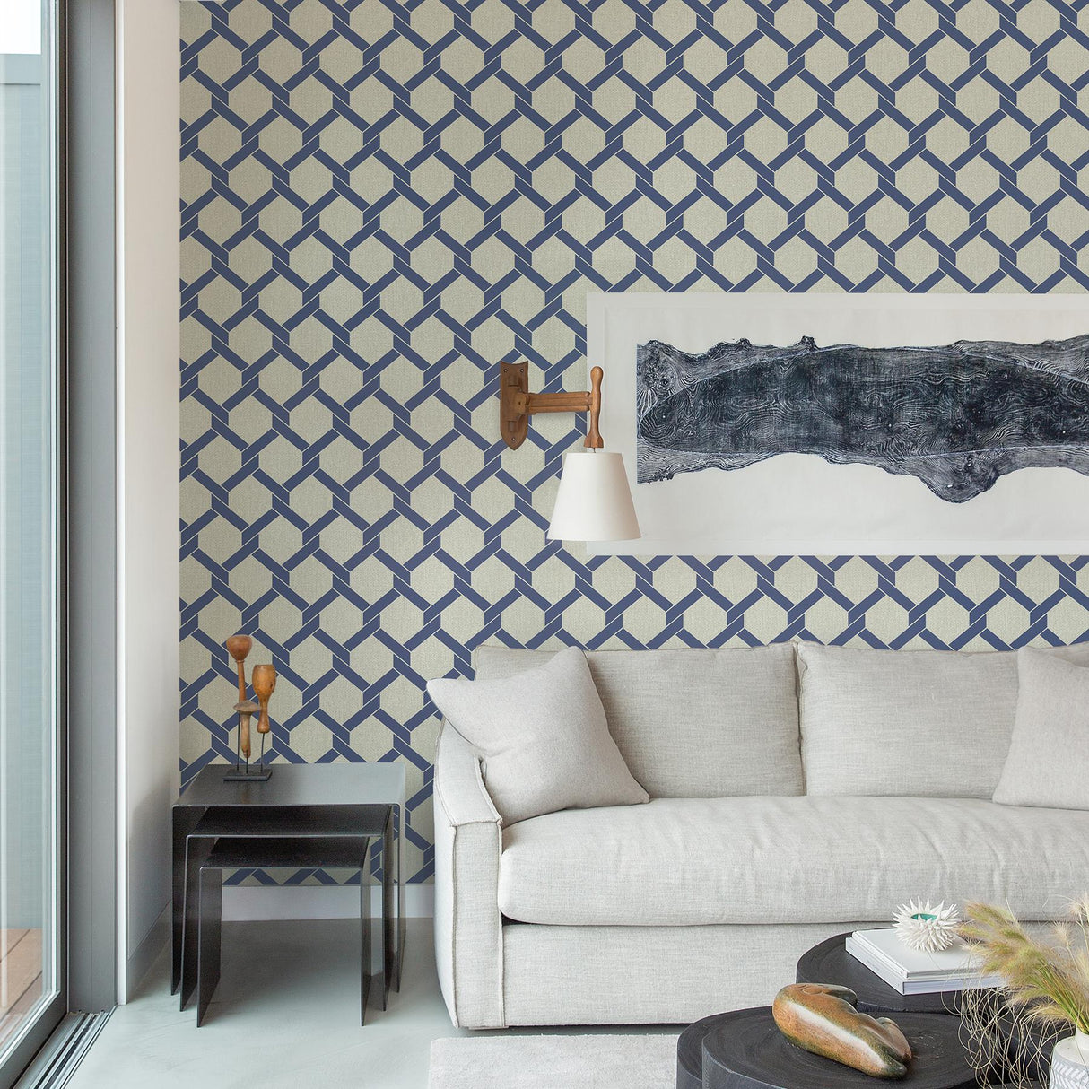 A-Street Prints Payton Blue Hexagon Trellis Wallpaper