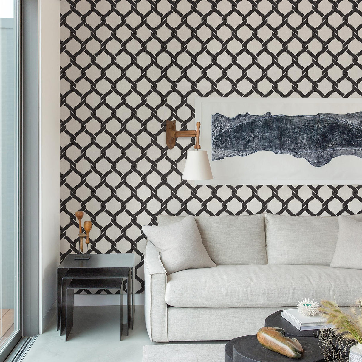 A-Street Prints Payton Black Hexagon Trellis Wallpaper