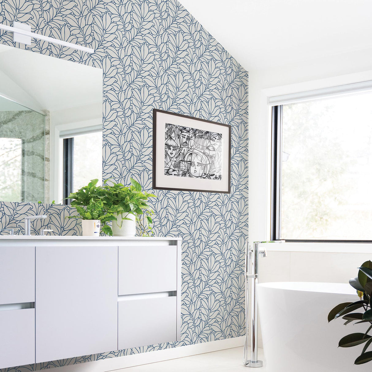 A-Street Prints Coraline Blue Leaf Wallpaper
