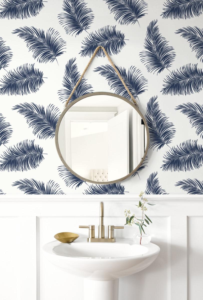 Seabrook Tossed Palm White & Navy Wallpaper