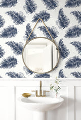 Seabrook Tossed Palm White & Navy Wallpaper