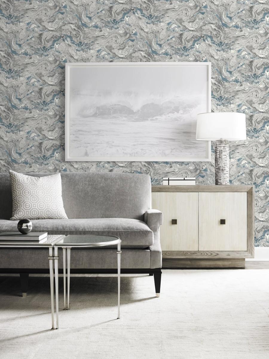 Seabrook Faux Marble Lunar Rock & Cerulean Wallpaper