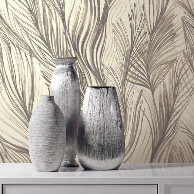 Candice Olson Peaceful Plume Peel and Stick Charcoal/Gold Wallpaper