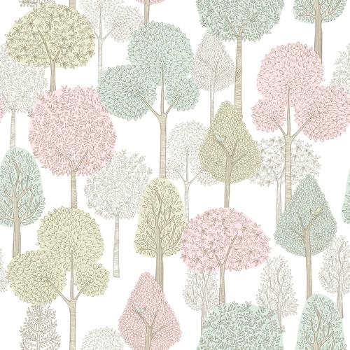 York Treetops Peel and Stick Pink/Mint Wallpaper