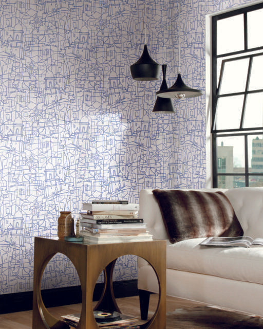 York Cubist Cityscape Peel and Stick Blue Wallpaper