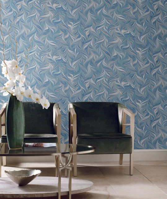 York Ebru Swirls Peel and Stick Blue Wallpaper