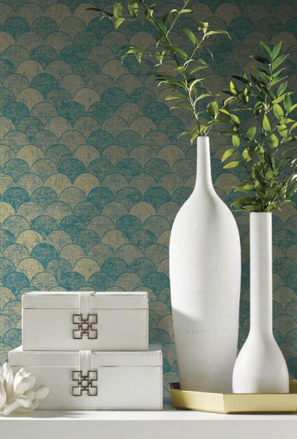 Antonina Vella Mermaid Scales Teal/Gold Wallpaper