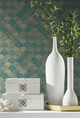 Antonina Vella Mermaid Scales Teal/Gold Wallpaper