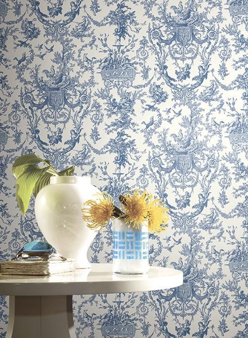 Ashford House Old World Toile Blue/White Wallpaper