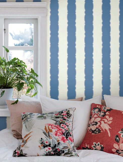 York Wallcoverings Scalloped Stripe Blue Wallpaper