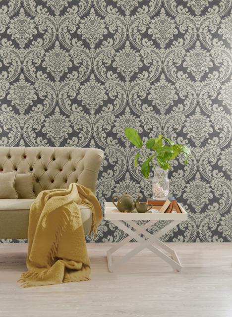 York Wallcoverings Tapestry Damask Dark Grey Wallpaper