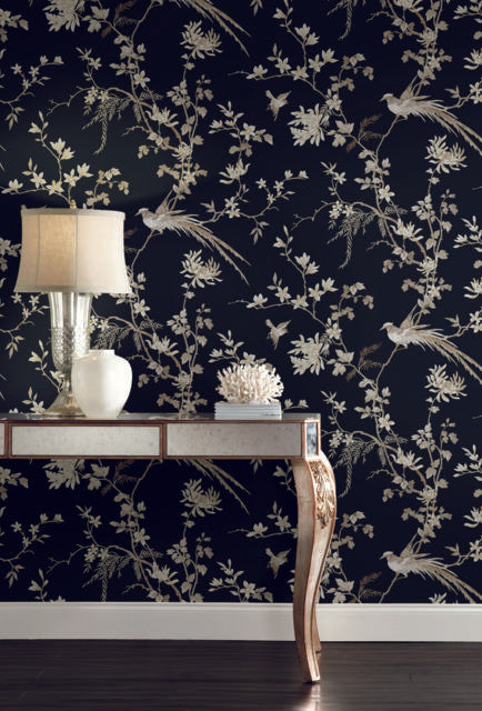 Ronald Redding Designs Bird And Blossom Chinoserie Black Wallpaper