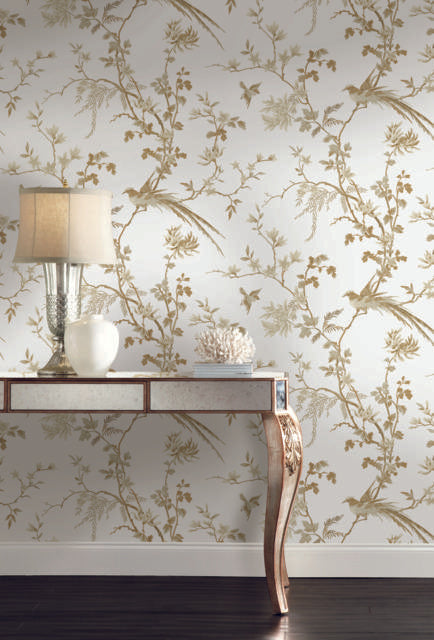 Ronald Redding Designs Bird And Blossom Chinoserie White/Gold Wallpaper