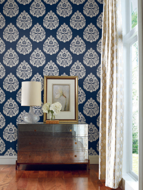 Ronald Redding Designs Teardrop Damask Navy Wallpaper