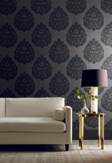 Ronald Redding Designs Teardrop Damask Black Wallpaper