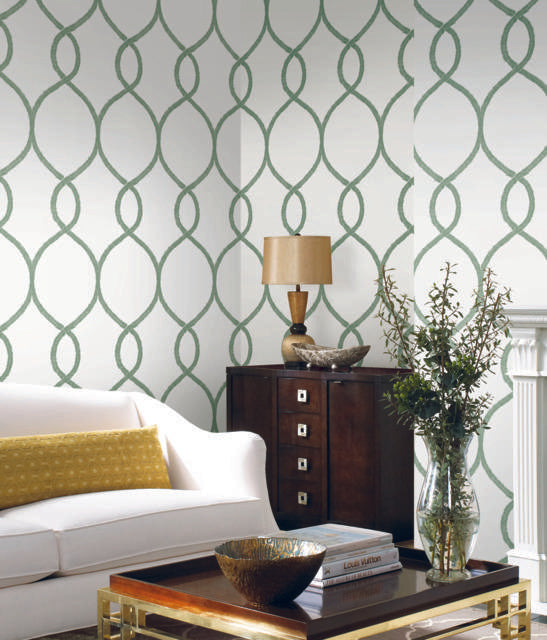 Ronald Redding Designs Laurel Leaf Ogee Green Wallpaper