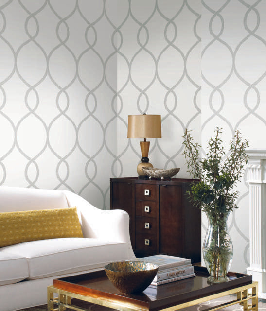 Ronald Redding Designs Laurel Leaf Ogee Grey Wallpaper