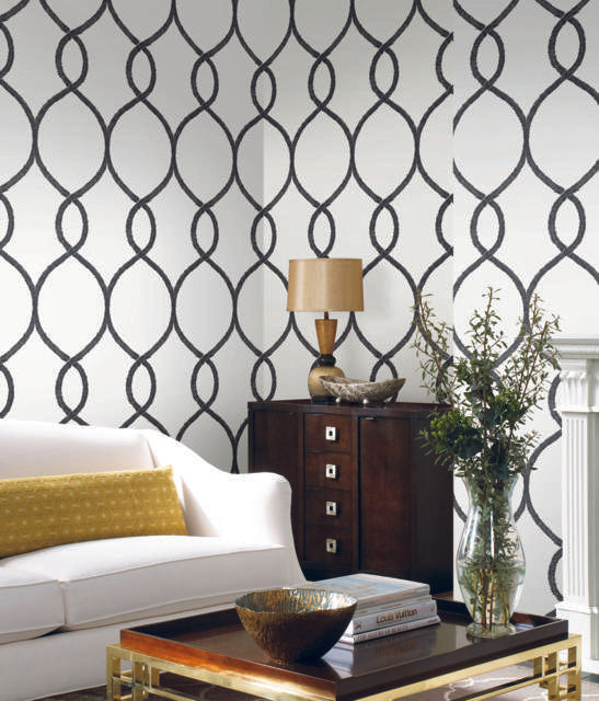 Ronald Redding Designs Laurel Leaf Ogee Black Wallpaper