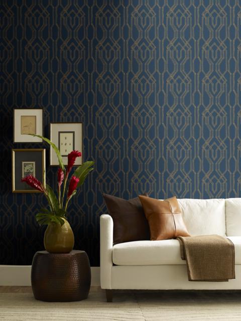 Ronald Redding Designs Oriental Lattice Blue/Gold Wallpaper
