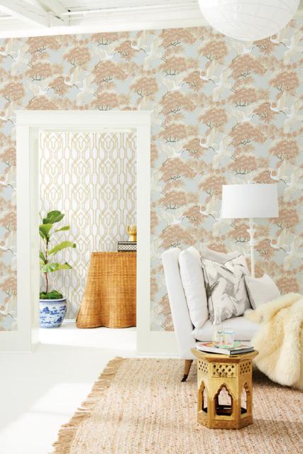 Ronald Redding Designs Sprig & Heron Orange Wallpaper