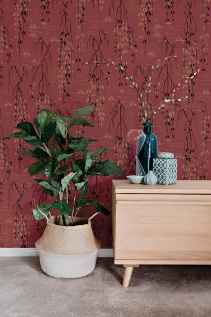 Ronald Redding Designs Willow Branches Red/Black/Gold Wallpaper