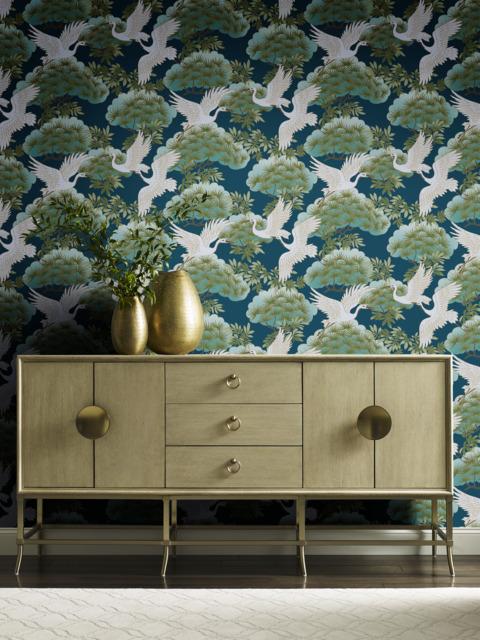 Ronald Redding Designs Sprig & Heron Blue Wallpaper