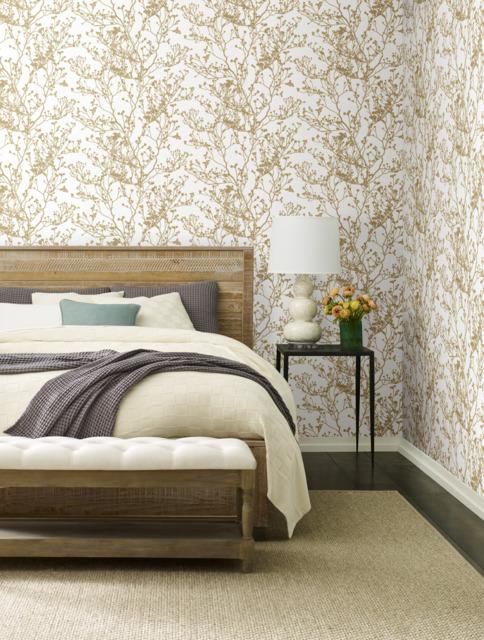 Ronald Redding Designs Budding Branch Silhouette White/Gold Wallpaper