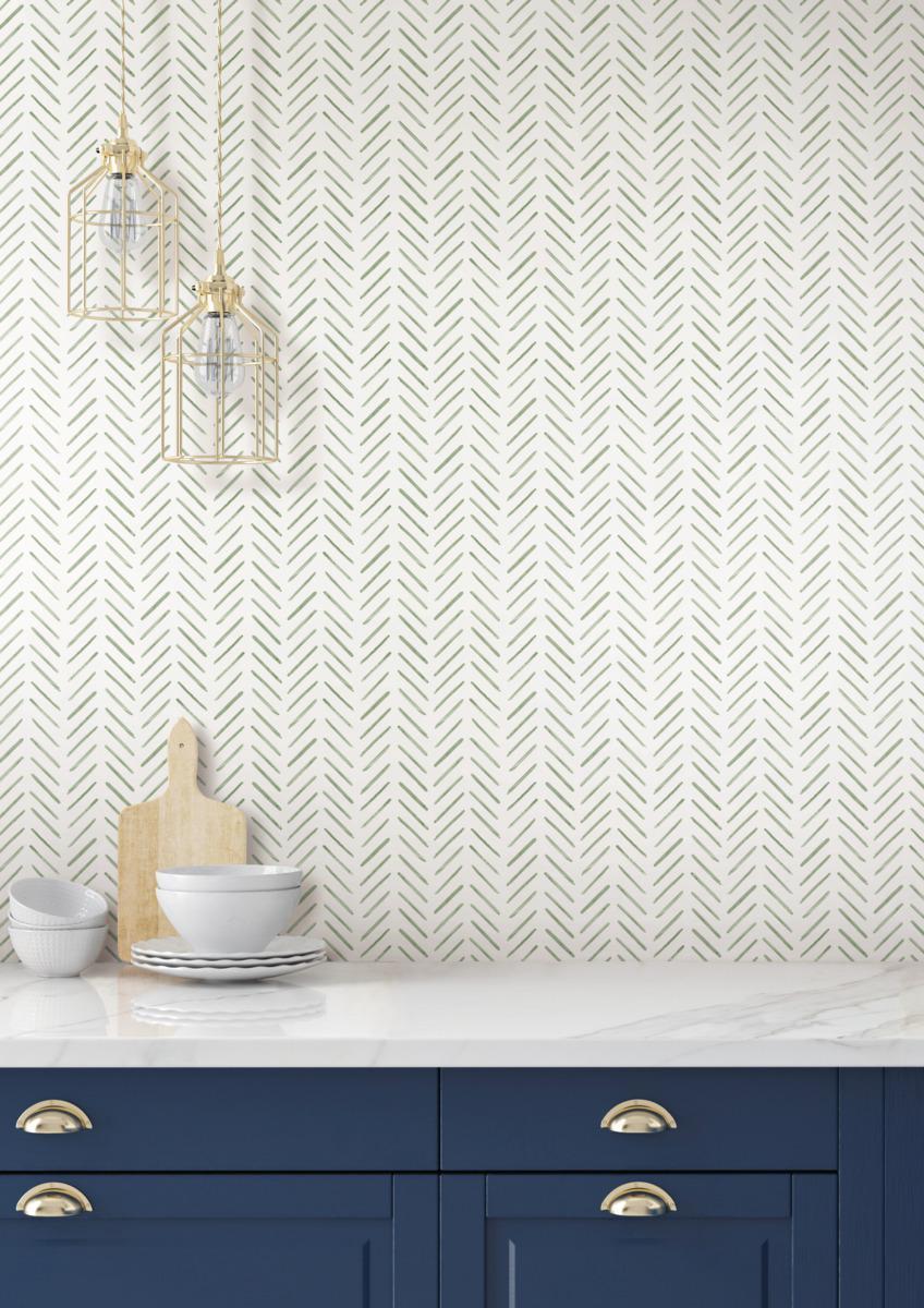 York Painted Herringbone Green Wallpaper