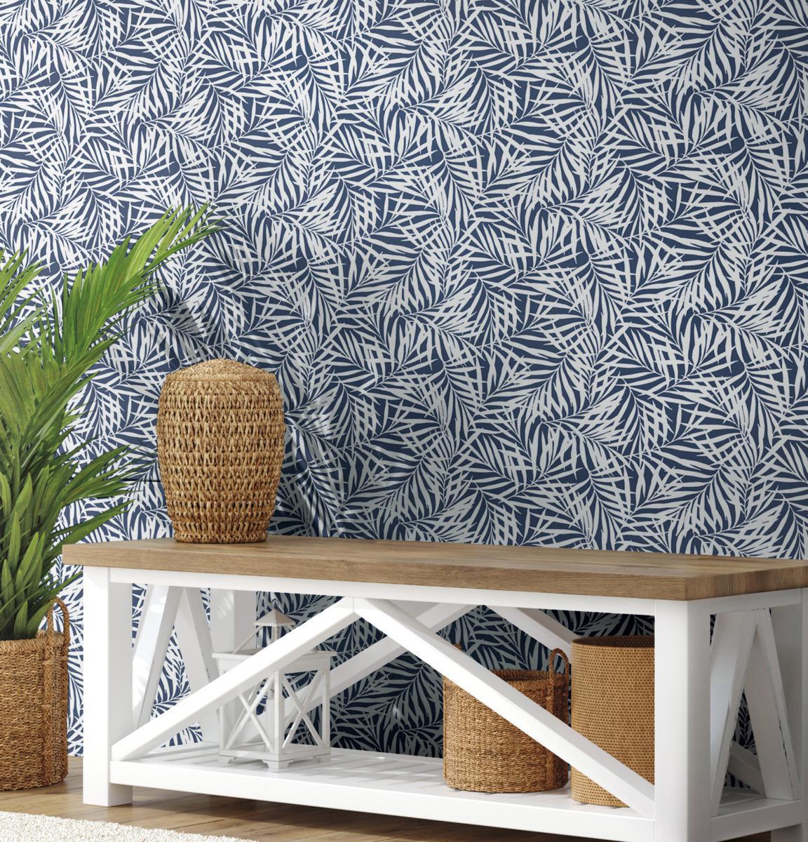 York Wallcoverings Oahu Fronds Navy & White Wallpaper