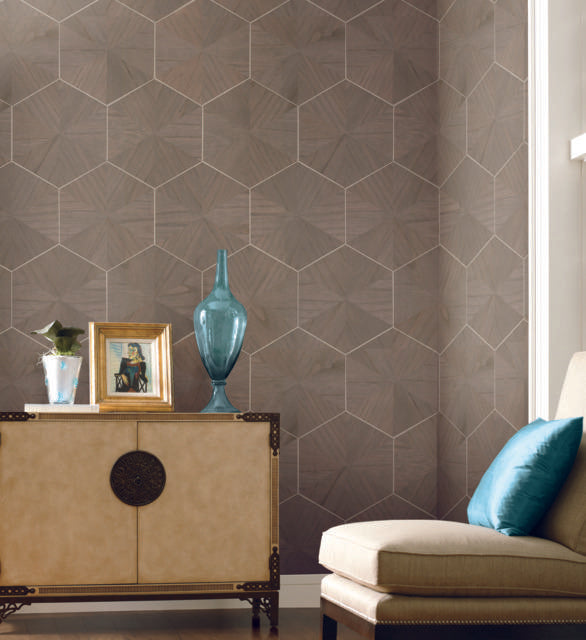 Ronald Redding Designs Hexagram Wood Veneer Brown Wallpaper