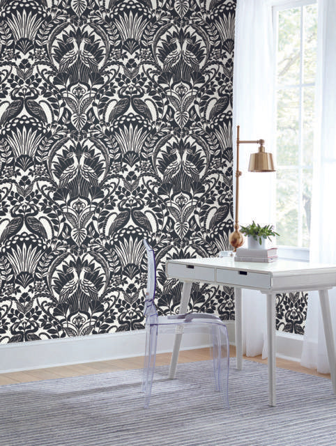 York Egret Damask Black/White Wallpaper