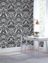 York Egret Damask Black/White Wallpaper