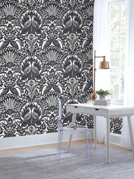 York Egret Damask Black/White Wallpaper