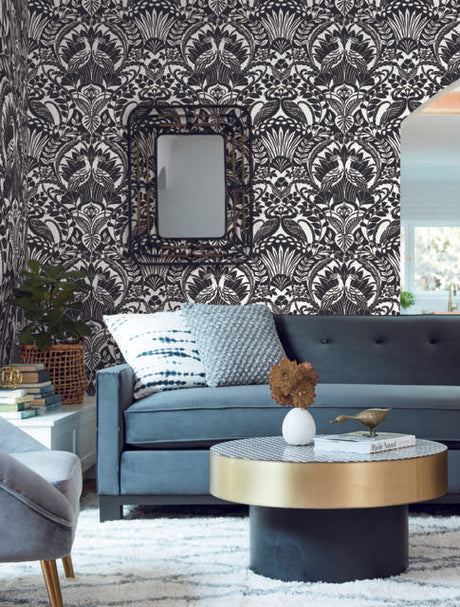 York Egret Damask Black/White Wallpaper