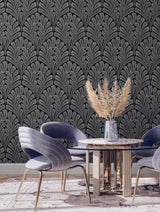York Shell Damask Black/Glint Wallpaper