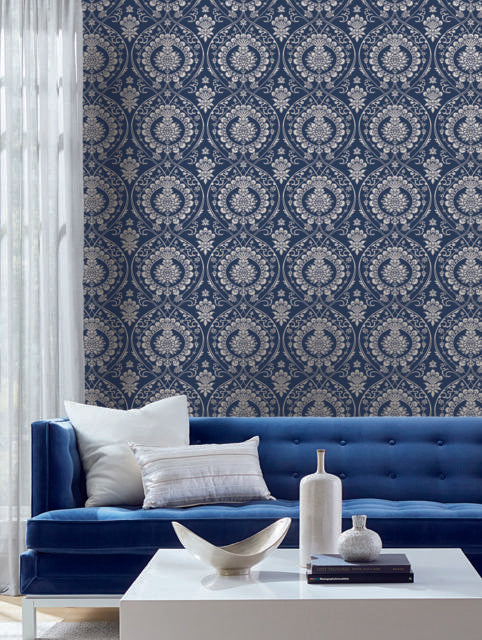 York Imperial Damask Navy/Silver Wallpaper