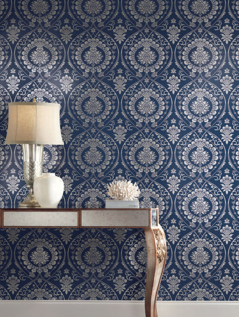 York Imperial Damask Navy/Silver Wallpaper